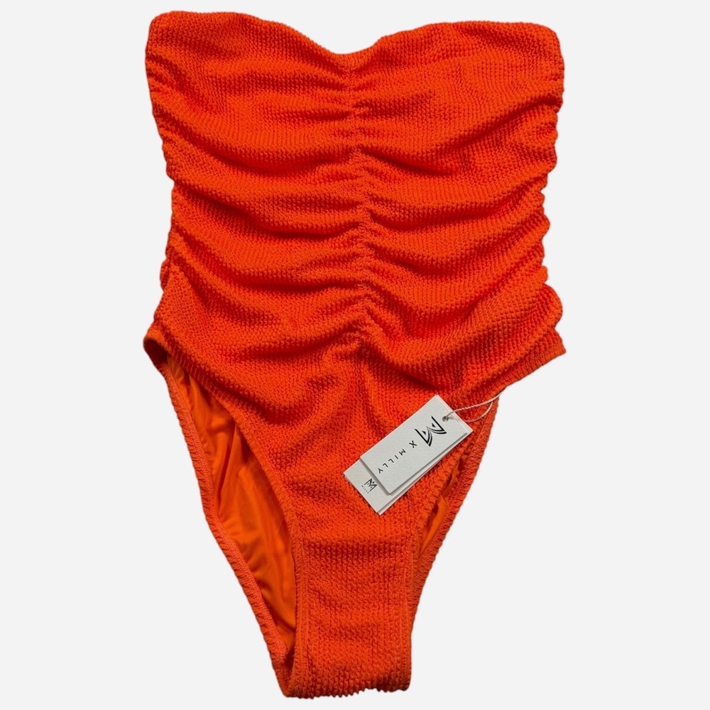 Milly Textured Ruched One Piece Swimsuit Womens Medium Neon Orange New